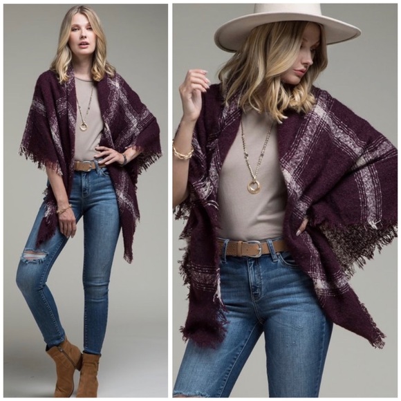 Burgundy Plaid Frayed Fringe Blanket Scarf - Picture 1 of 3
